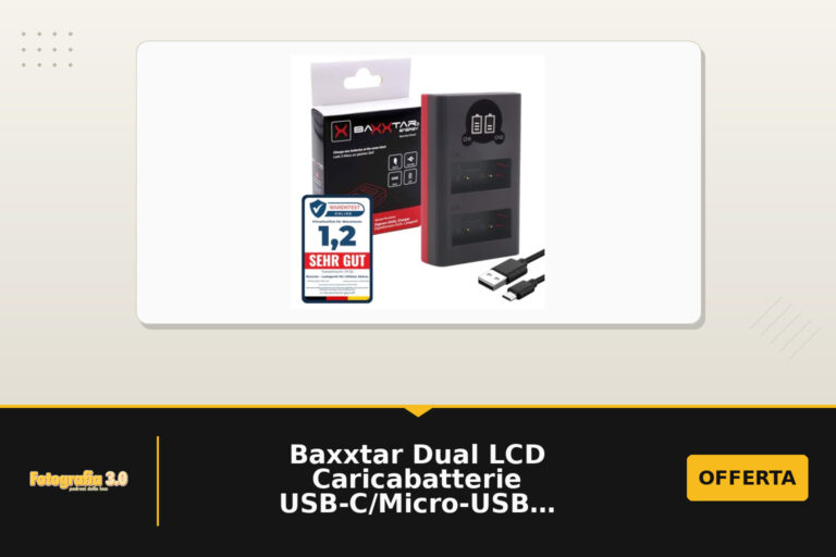 Baxxtar Dual LCD Caricabatterie USB-C/Micro-USB per Fujifilm NP-W126s: due batterie contemporanee, compatibilità USB-C