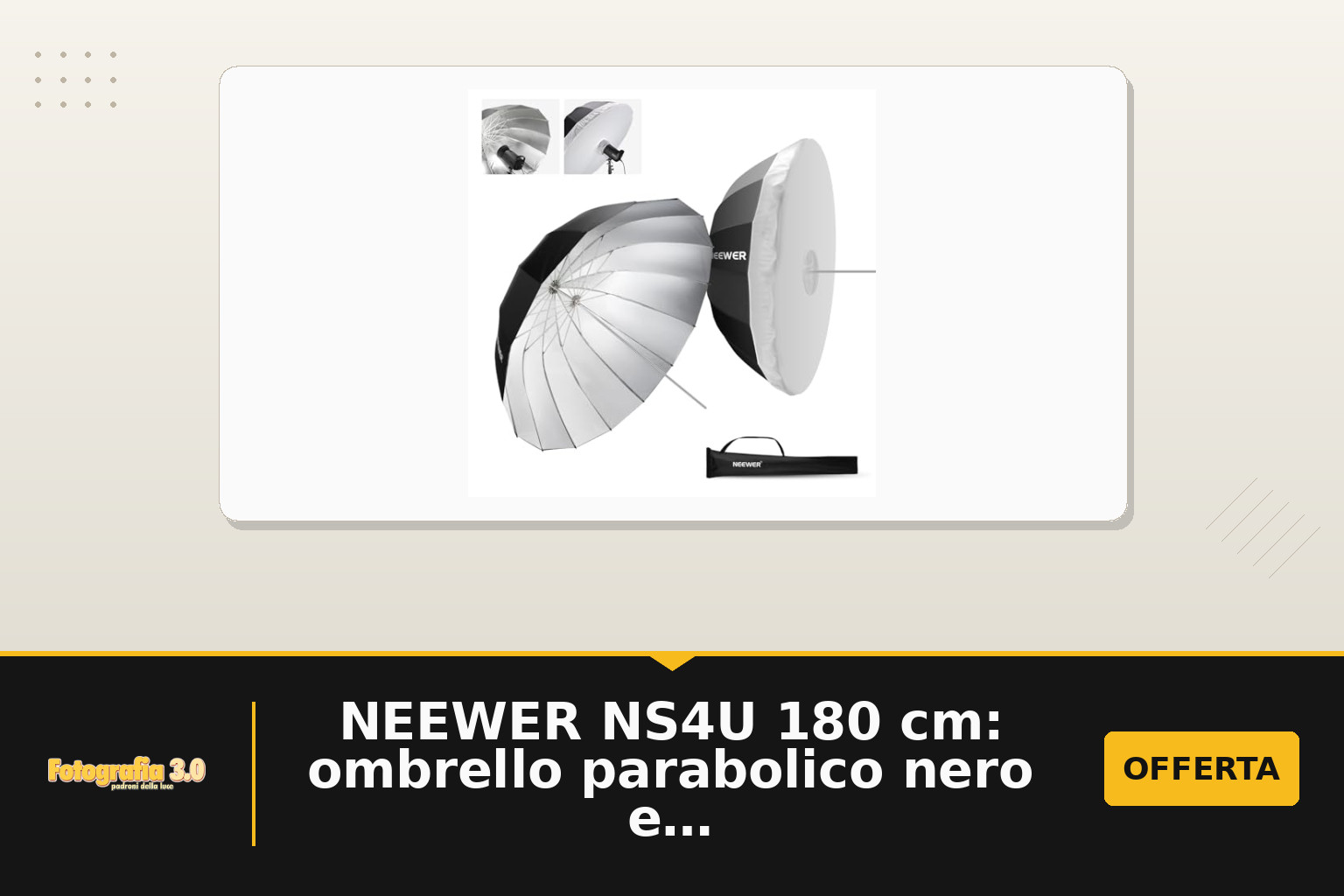 NEEWER NS4U 180 cm: ombrello parabolico nero e argento con diffusore e borsa