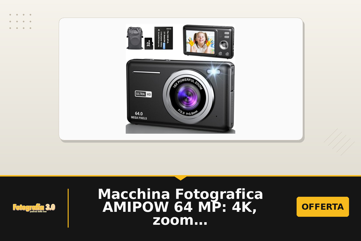 Macchina Fotografica AMIPOW 64 MP: 4K, zoom digitale e kit da 32 GB per principianti