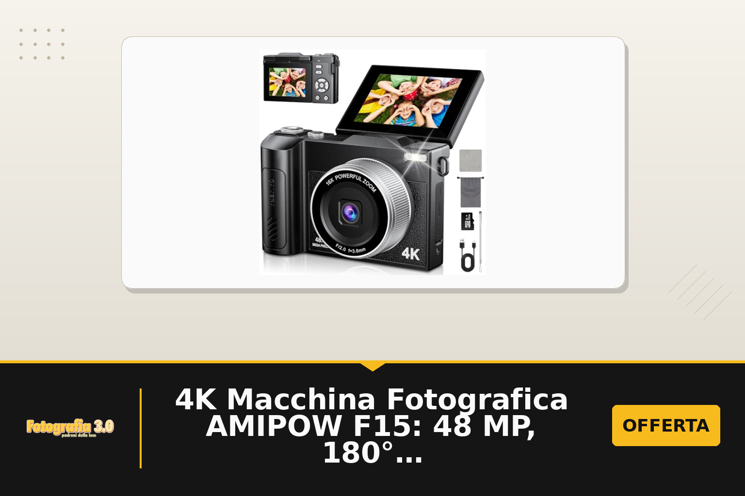 4K Macchina Fotografica AMIPOW F15: 48 MP, 180° schermo e Zoom 16X per giovani fotografi