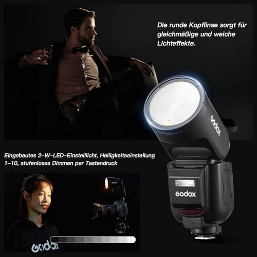 GODOX V1 PRO C Speedlight Testa Tonda Flash 76Ws TTL 1/8000 HSS Wireless 2,4G V1-C (2024) Flash Innovativo Esterno SU-1 2600 mAh Li-ion Lampada da Modellazione a LED Compatible per Canon — foto prodotto Amazon